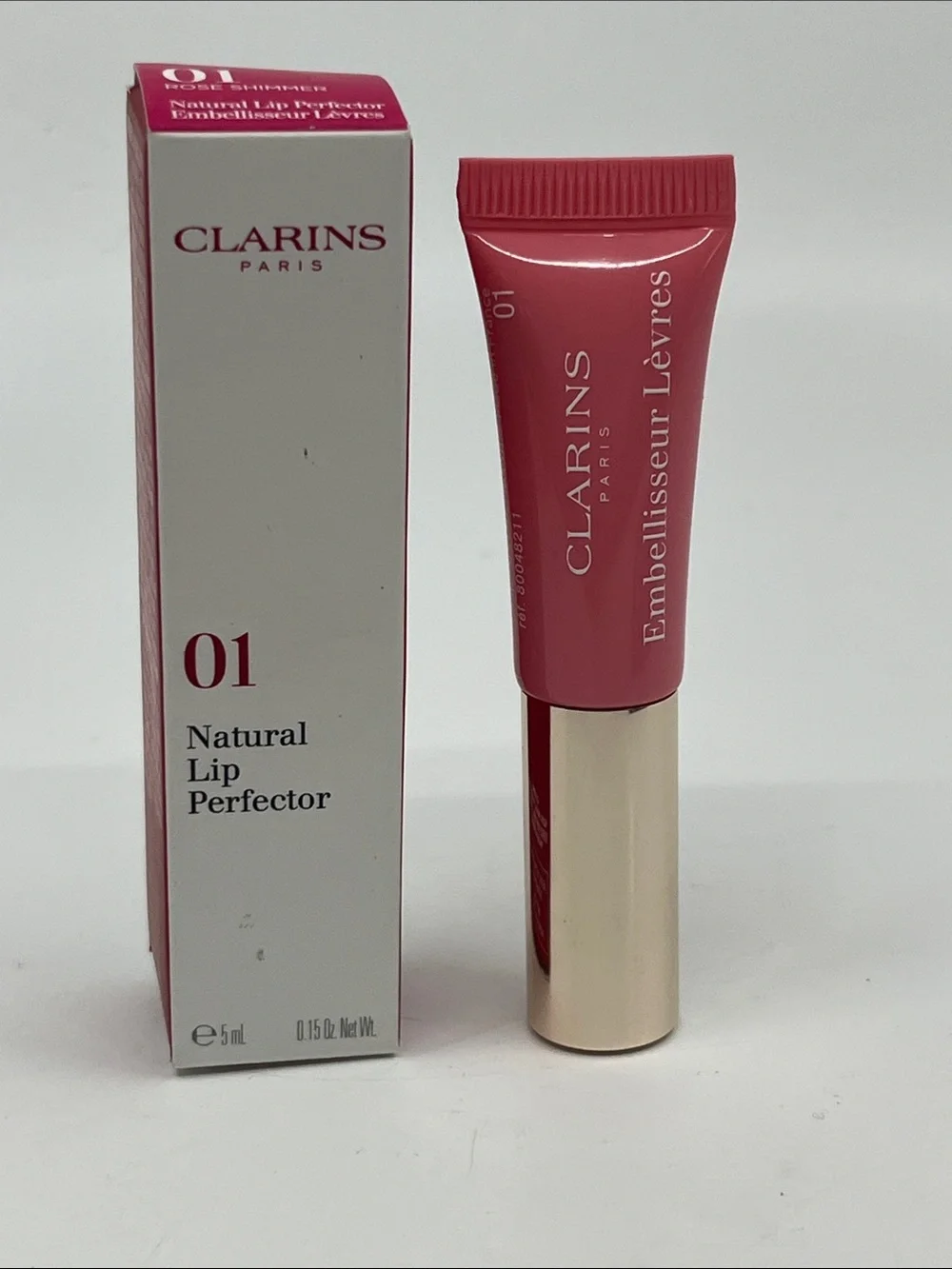 Clarins Paris Natural Lip Perfector Gloss 01 Rose Shimmer - .15 Oz. Travel Size